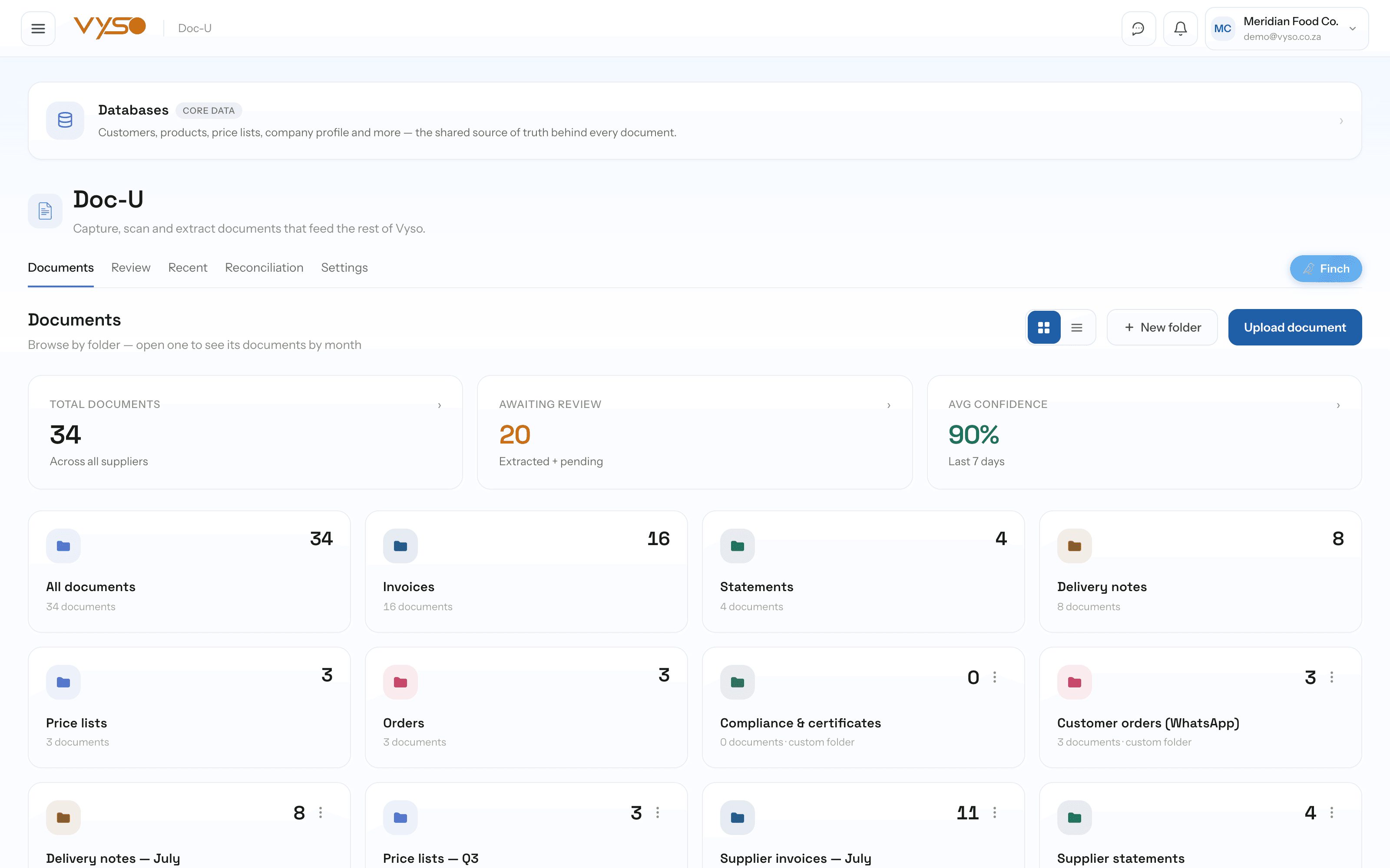Doc-U documents hub showing folders by document type with total documents, awaiting review and average confidence.